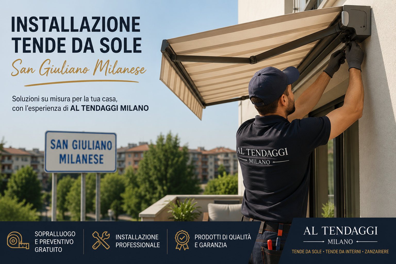 Installatore con cappello e t-shirt mentre monta una tenda da sole su un balcone, sullo sfondo Milano.