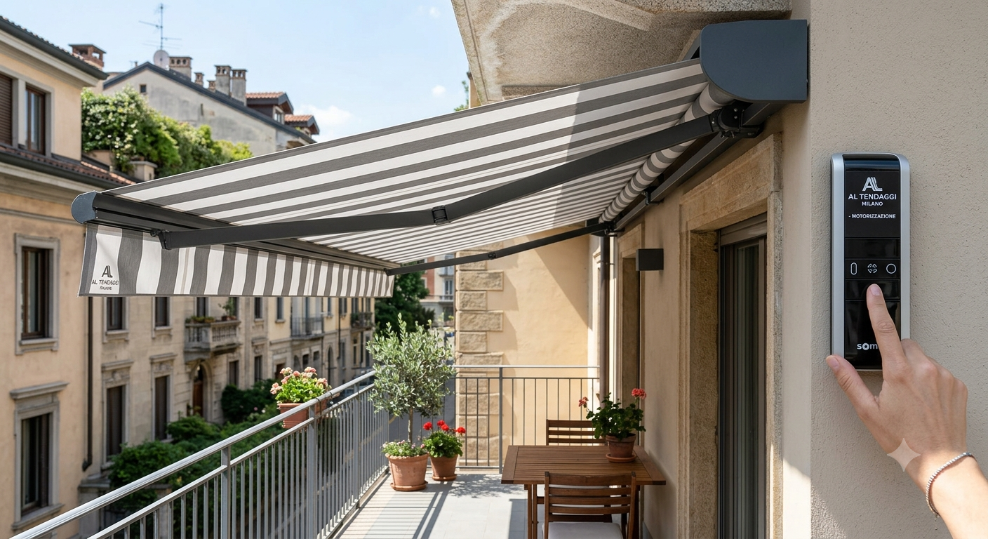 Tenda da sole a bracci estensibili su balcone, con pulsante di controllo e mano che preme.