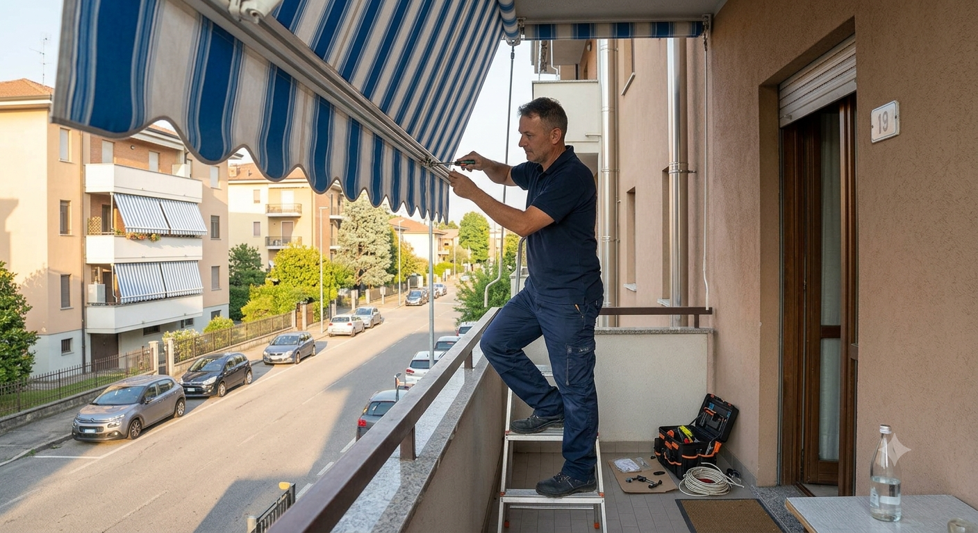 Operaio su balcone esterno regola una tenda a righe blu e bianche, con attrezzi sul pavimento.